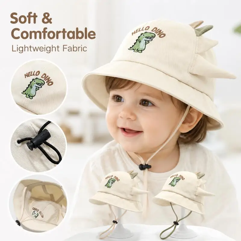 Gorro de bebé de ala ancha para sol con dinosaurios y cuerda - imagen 3