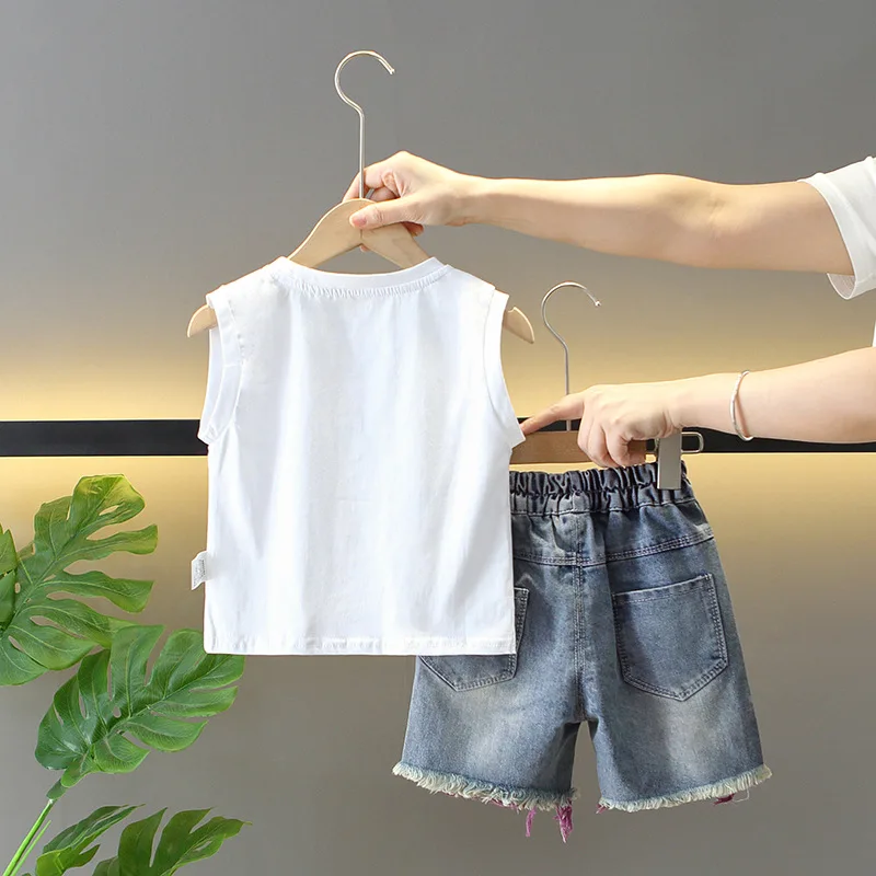 Conjunto verano bebé niño top algodón sin mangas vaquero corto - imagen 5