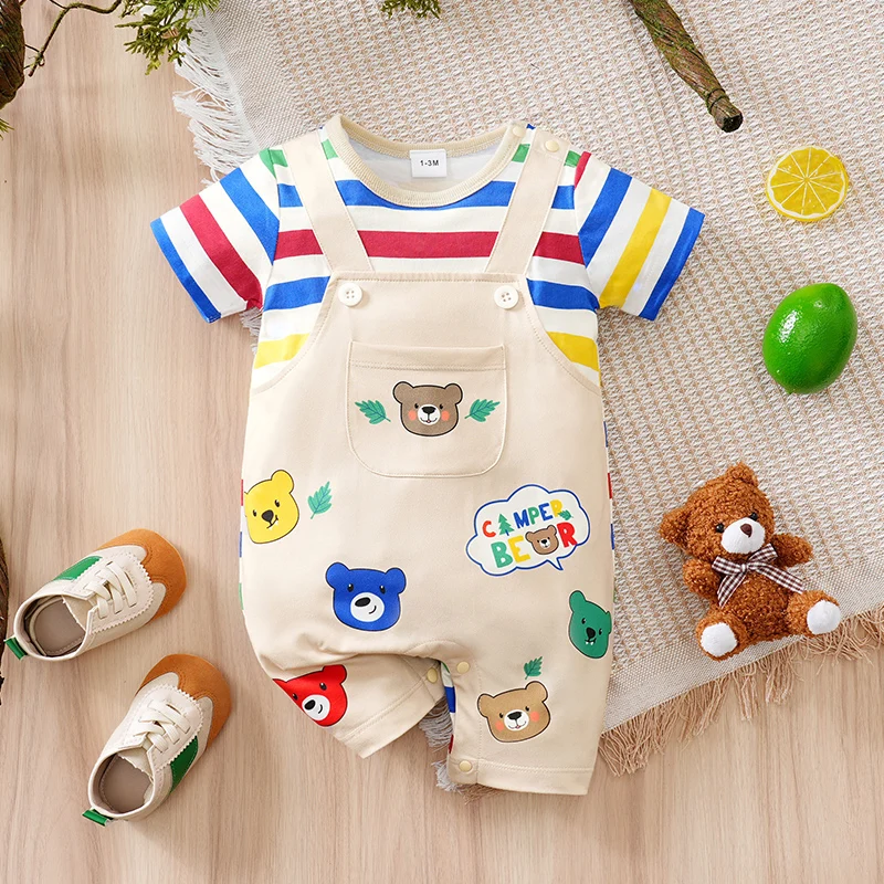 Mono bebé de algodón estampado oso con tirantes arcoíris - imagen 2