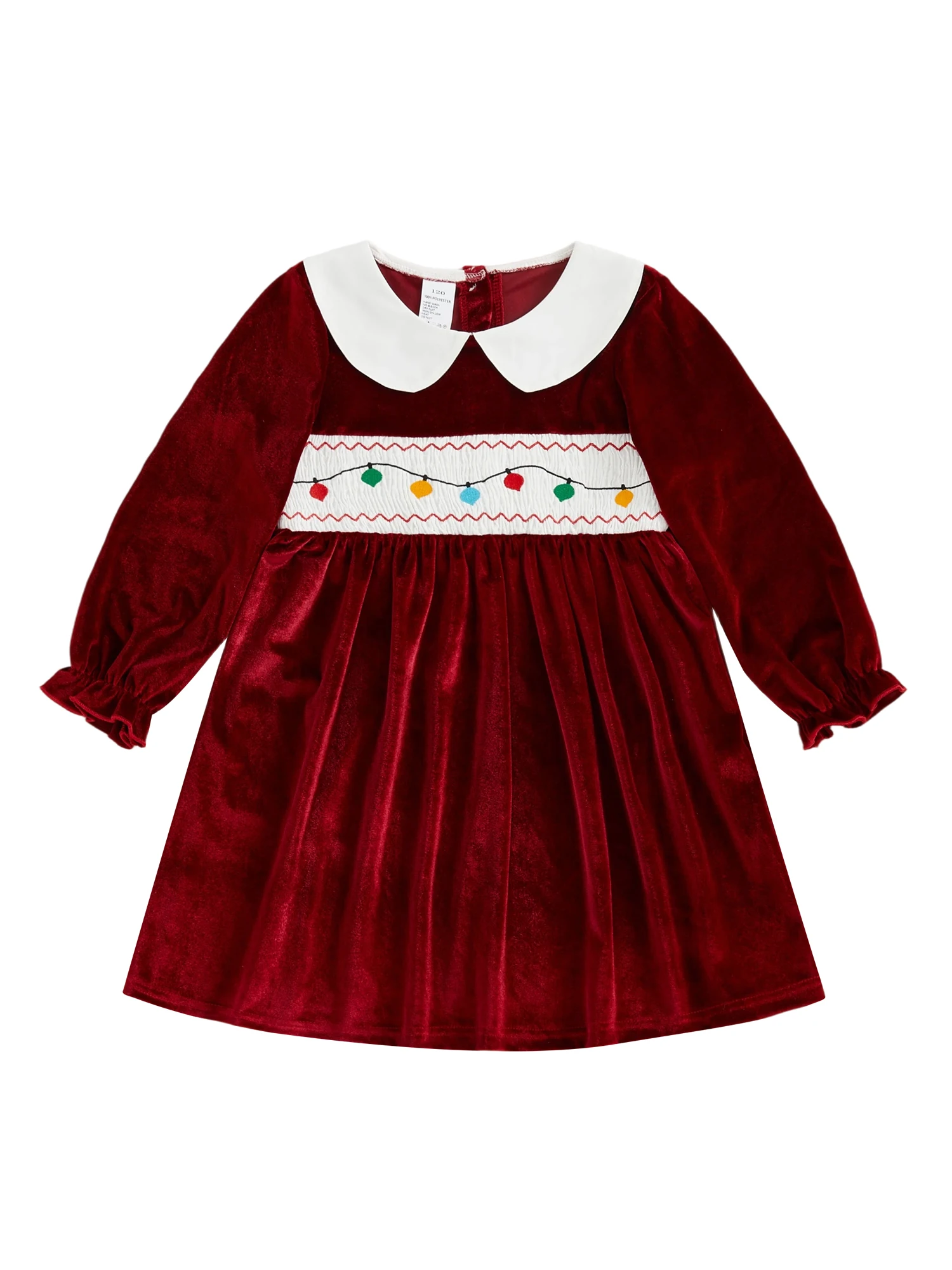 Vestido de terciopelo rojo de Navidad para niña con cuello de muñeca