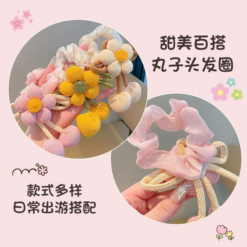 Scrunchie de pelo con bolita floral para coletas de niñas - imagen 3