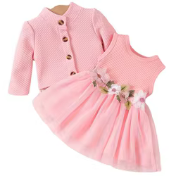 Conjunto recién nacido niña – Abrigo liso y vestido de flores con encaje