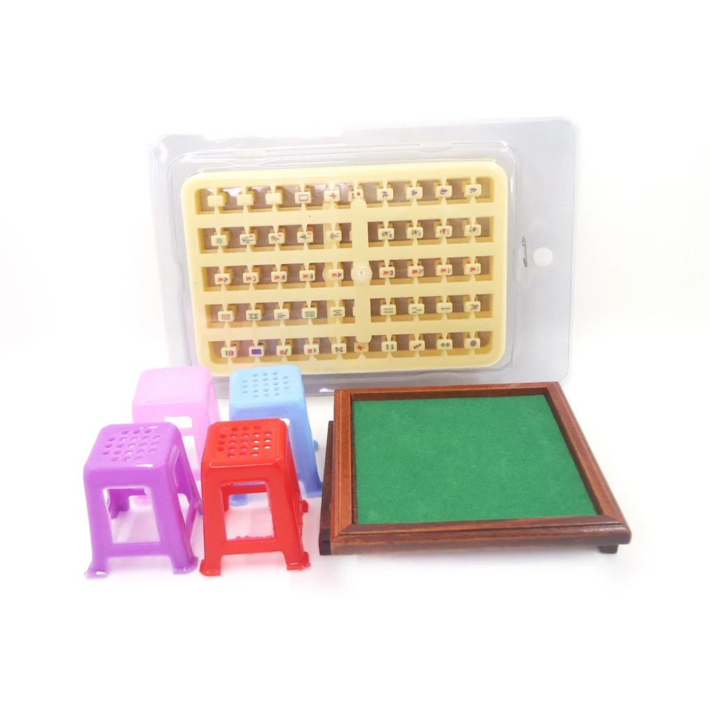 Mesa y sillas de mahjong en miniatura para casa de muñecas