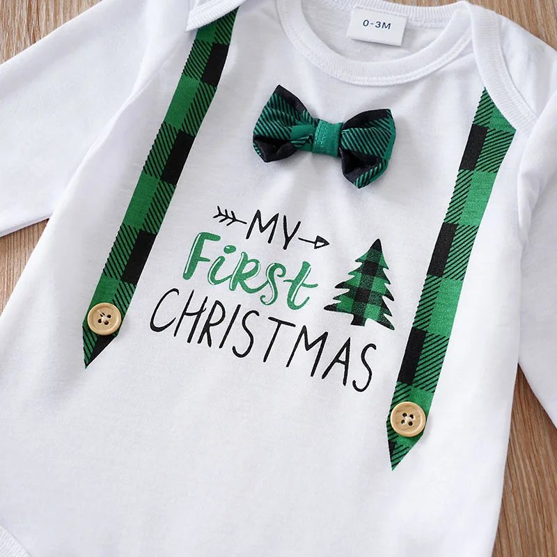 Conjunto navideño recién nacido unisex de manga larga a cuadros verdes - imagen 2