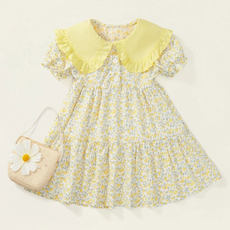 Vestido de verano para niña con cuello y estampado floral manga corta