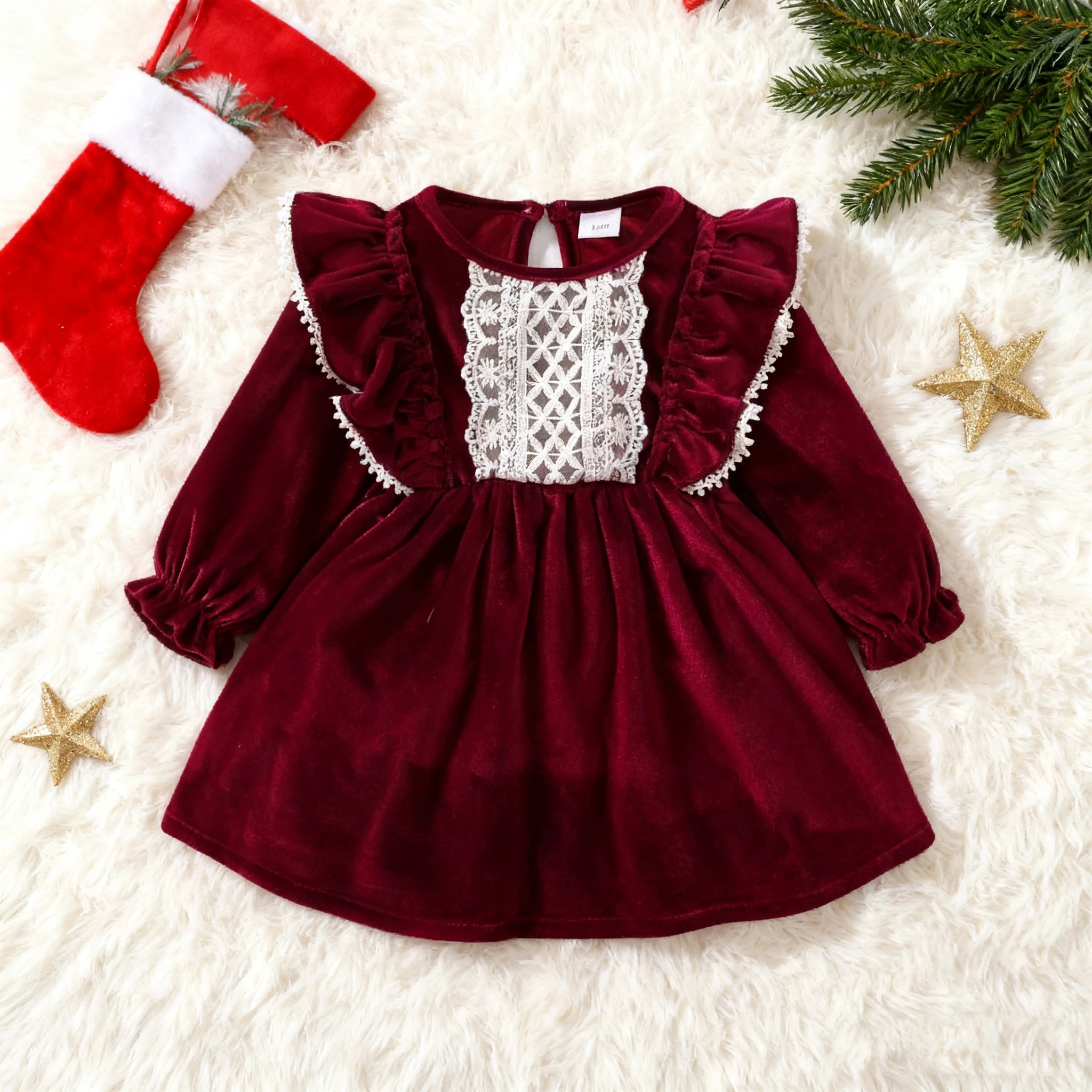 Vestido de fiesta Navidad niña – Manga larga con volantes satinados - imagen 2