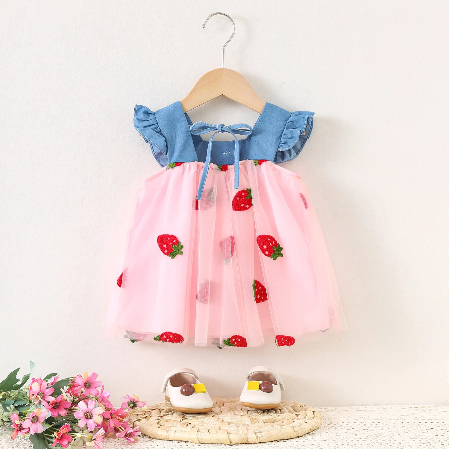 Vestido de niña tipo princesa denim con malla para verano - imagen 3
