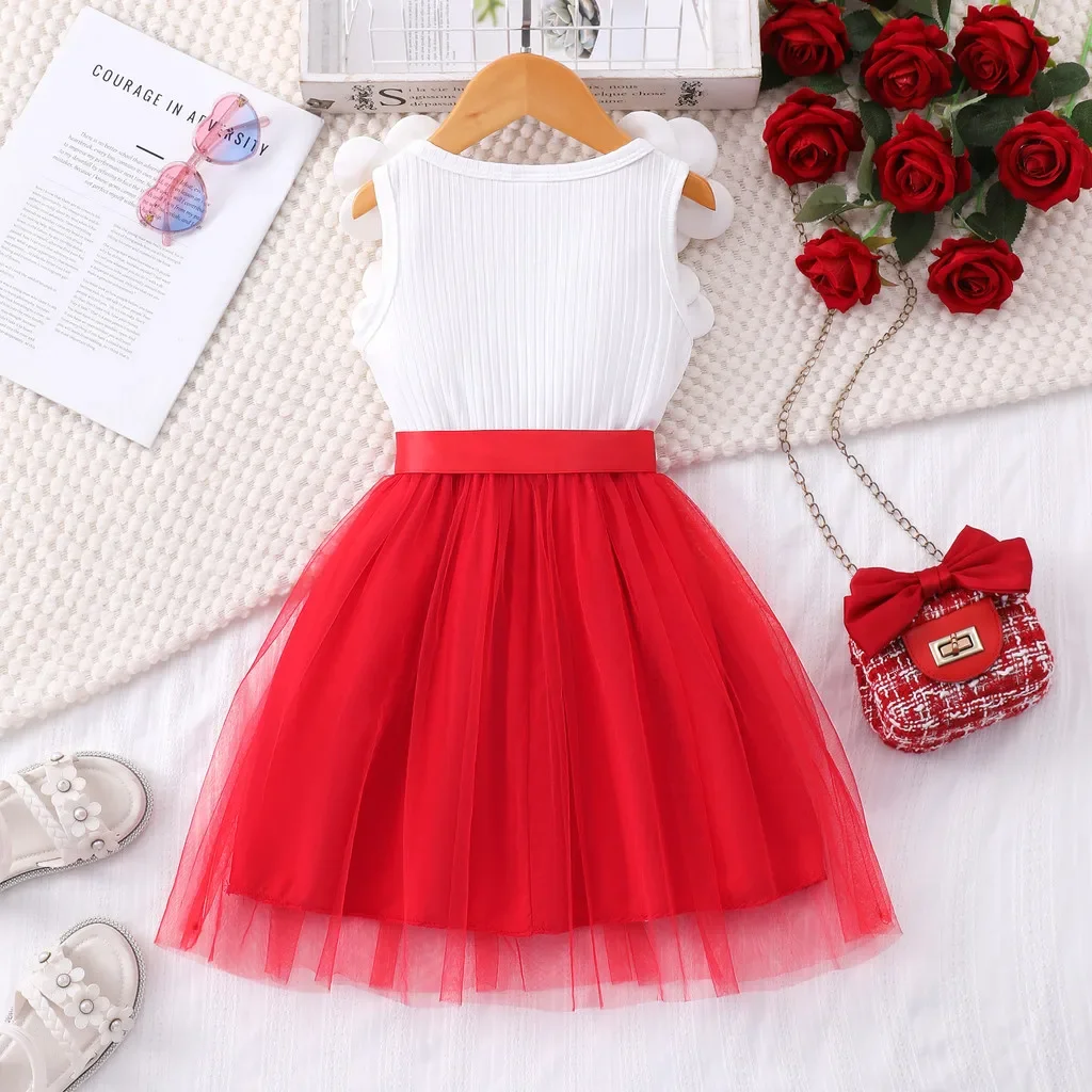 Vestido princesa rojo de flores para niña de manga corta verano - imagen 5