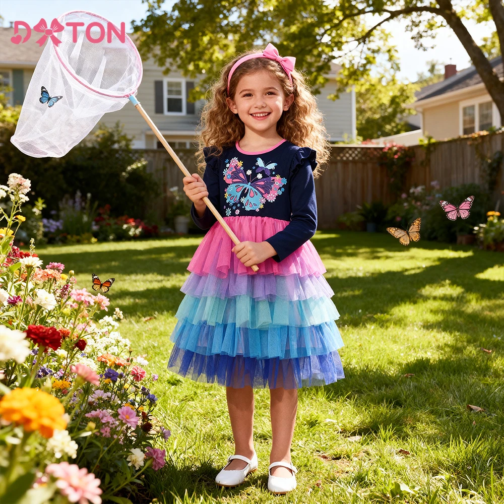 DXTON vestido de algodón para niña con volantes estampado - imagen 2