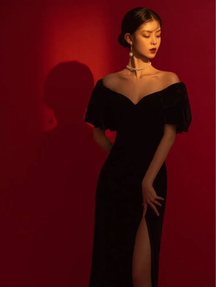 Vestido de embarazo negro elástico maxi con abertura lateral Siamese