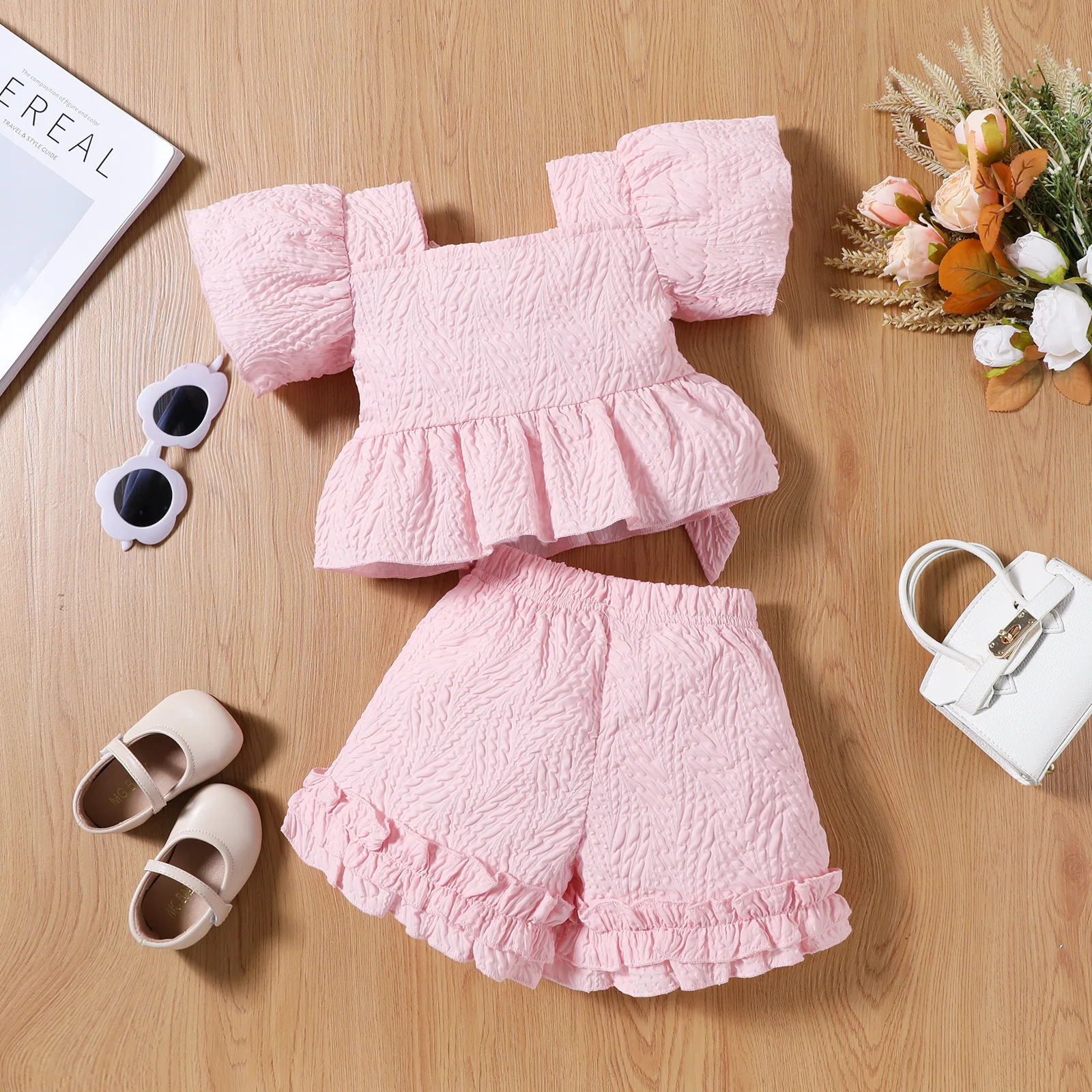Conjunto de verano niñas – Camiseta algodón y pantalón corto con lazo - imagen 5