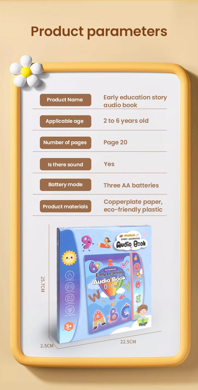 Vista del embalaje y contenido del libro de audio educativo