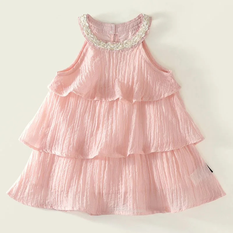 Vestido de fiesta lujo rosa escalonado sin mangas para niña
