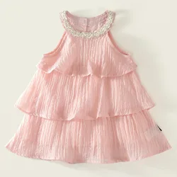 Vestido de fiesta lujo rosa escalonado sin mangas para niña