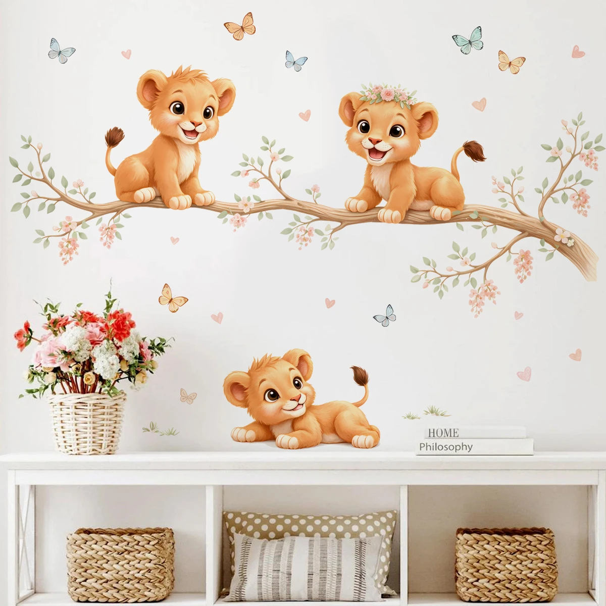 Pegatinas de pared león acuarela con ramas para habitación infantil