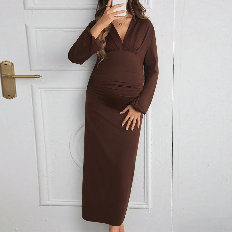 Vestido de maternidad manga larga con cuello en V elegante y cómodo - imagen 3