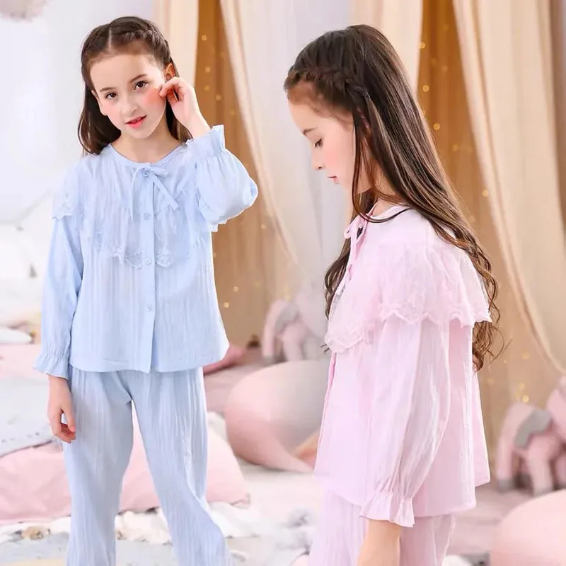 Pijamas lino algodón manga larga para niña – Ropa hogar suave