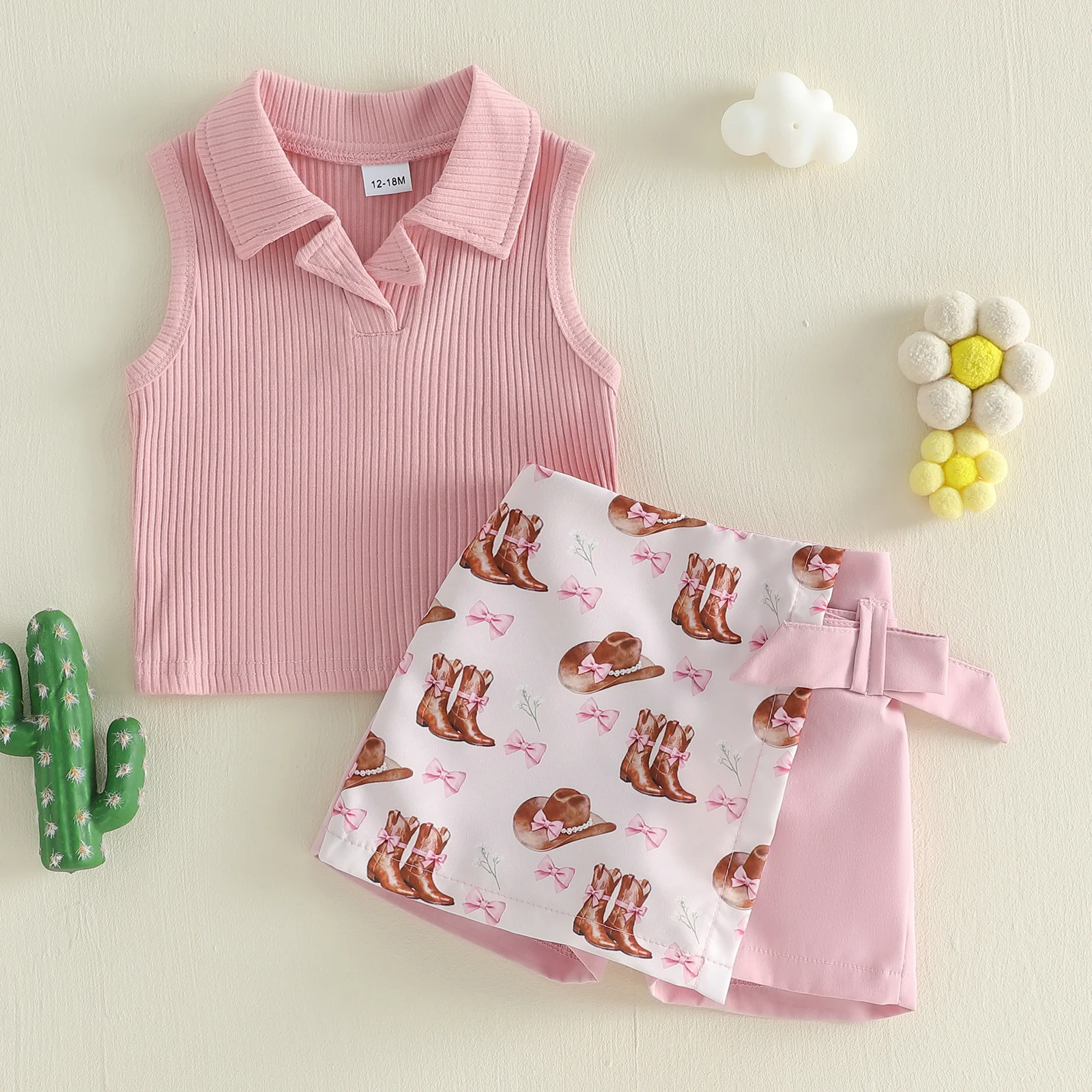 Conjunto verano niña: camiseta sin mangas, falda estampada y sombrero - imagen 4