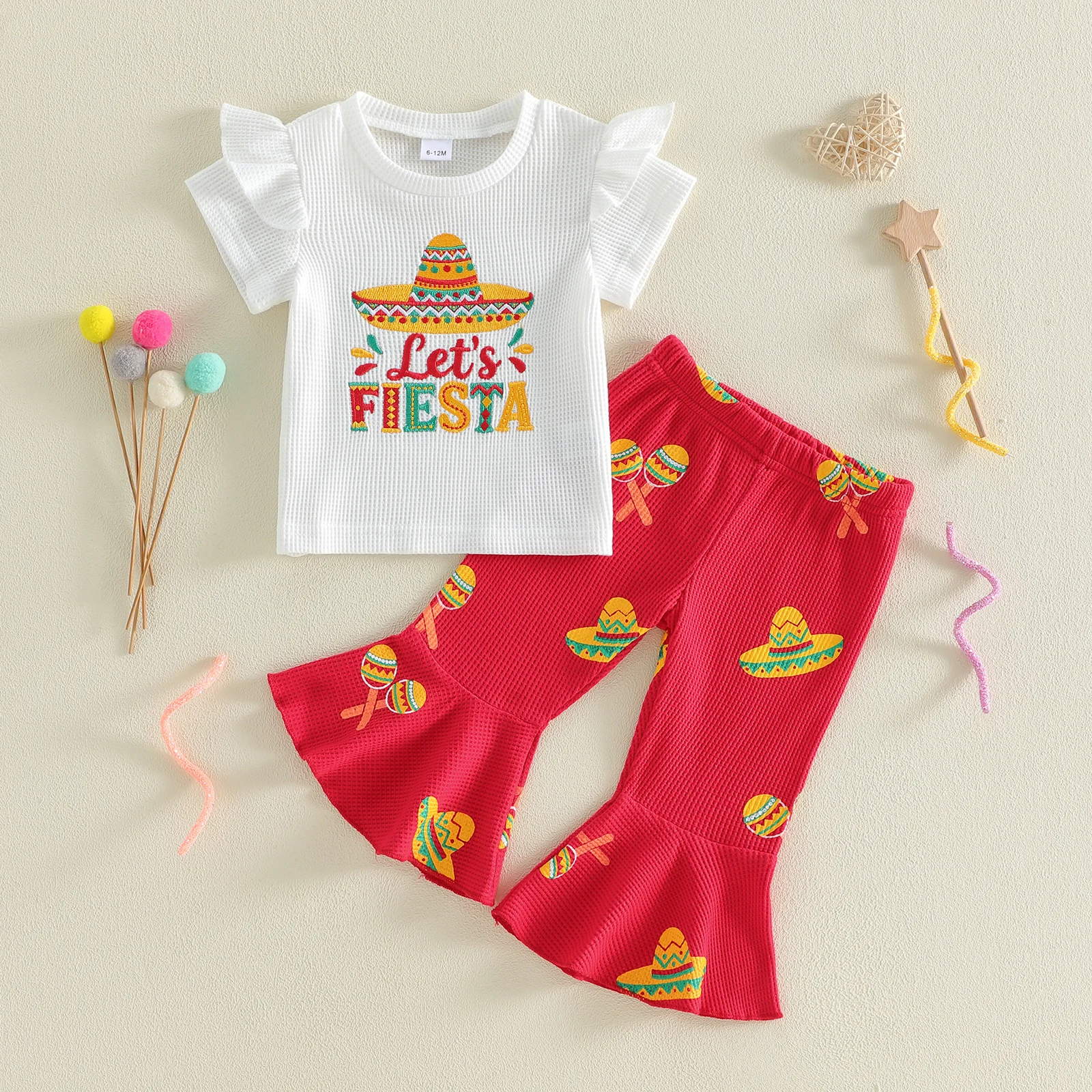 Conjunto verano niña camiseta bordada y pantalón elástico acampanado - imagen 2