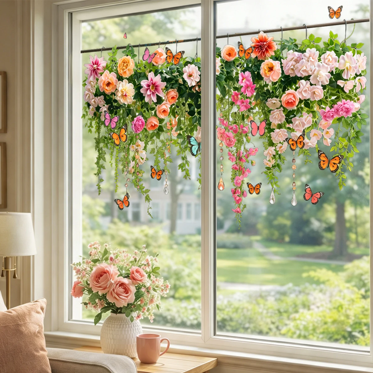 Vinilo estático removible para ventanas con flores y mariposas - imagen 5