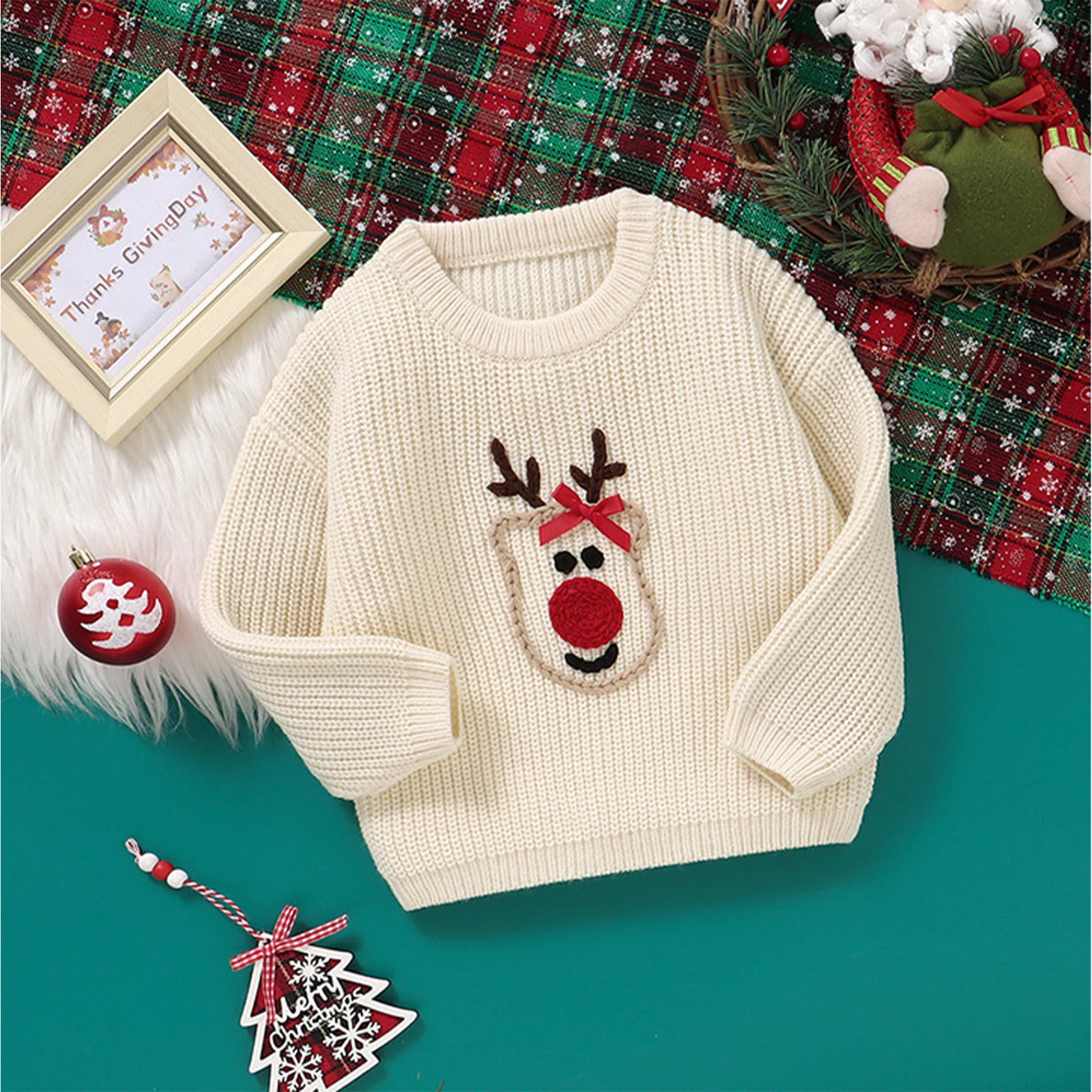Jersey punto bebé con bordado de alces navideños