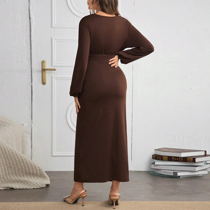 Vestido de maternidad manga larga con cuello en V elegante y cómodo - imagen 2