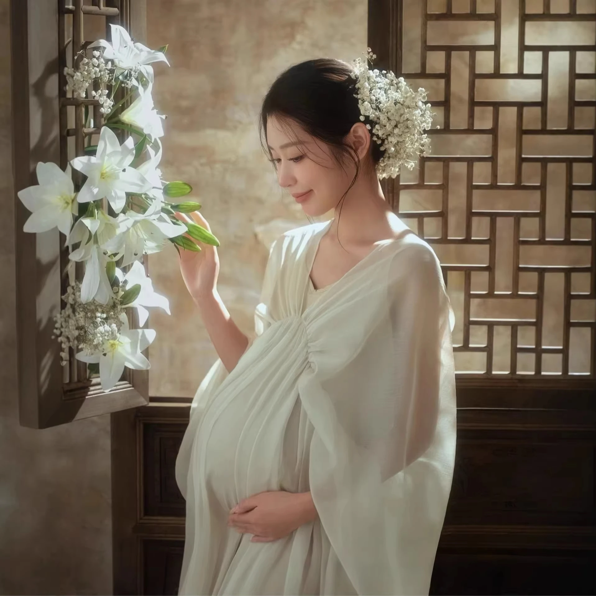 Vestido de maternidad retro blanco con cuello en V para fotos - imagen 3