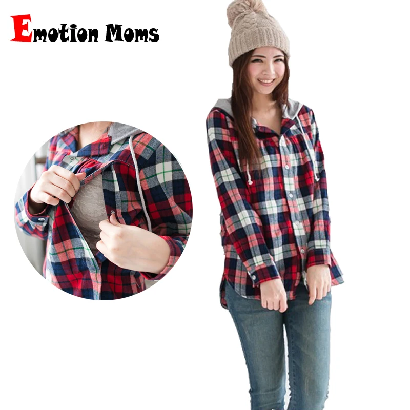 Camisa de maternidad a cuadros para lactation - Emotion Moms manga larga