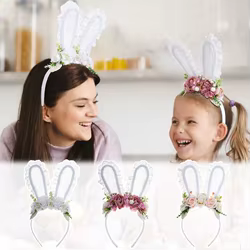 Diadema orejas de conejo con perlas para niña – Encaje floral suave