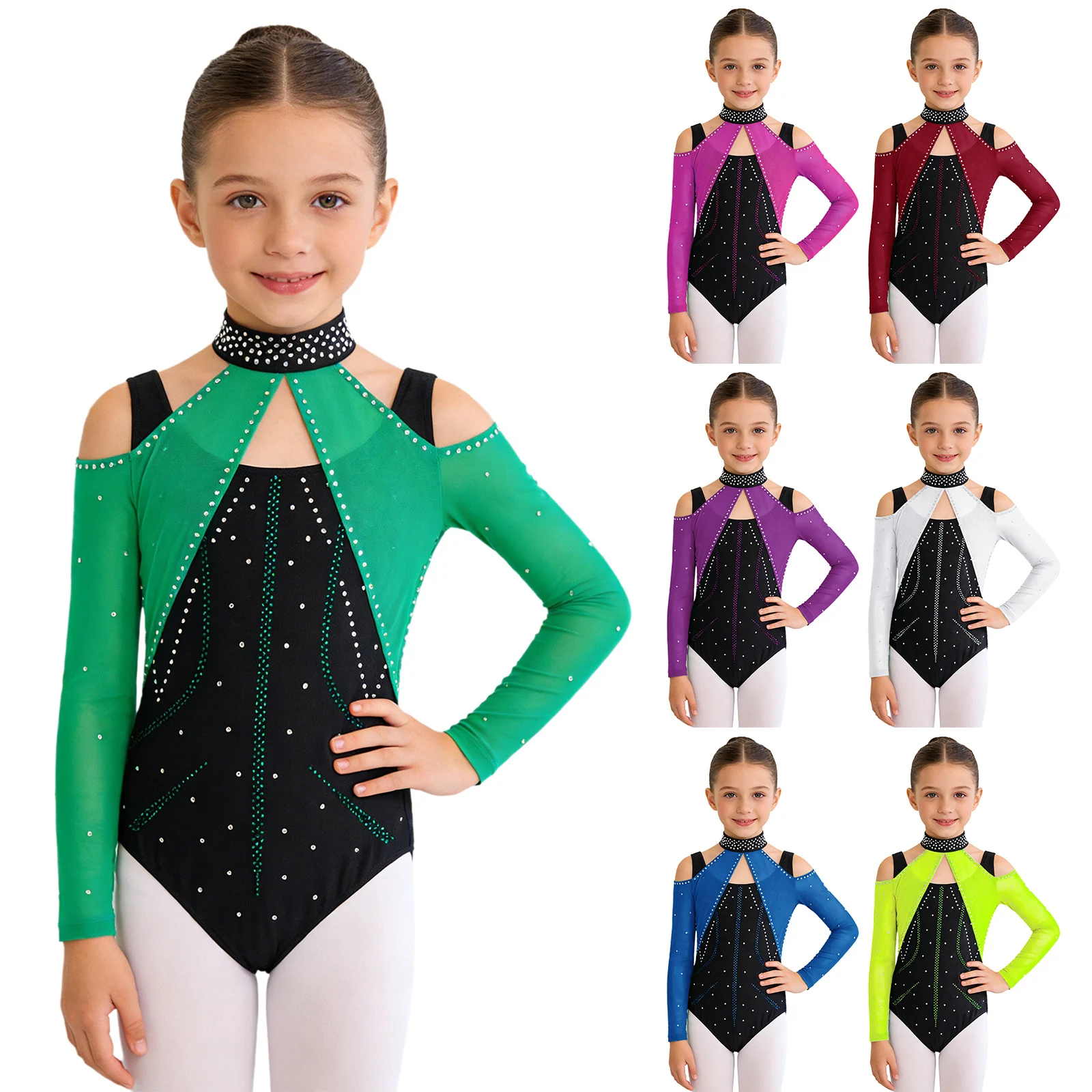 Maillot de ballet con pedrería brillante, manga larga para niñas