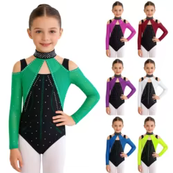 Maillot de ballet con pedrería brillante, manga larga para niñas