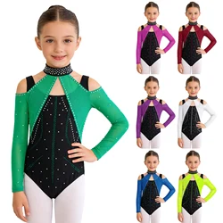Maillot de ballet con pedrería brillante, manga larga para niñas