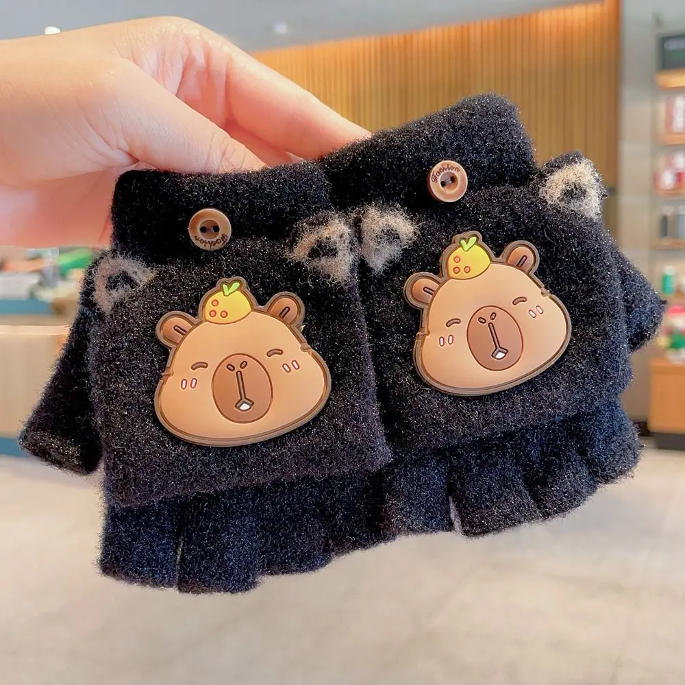 Guantes infantiles de medio dedo gruesos con capibara para invierno