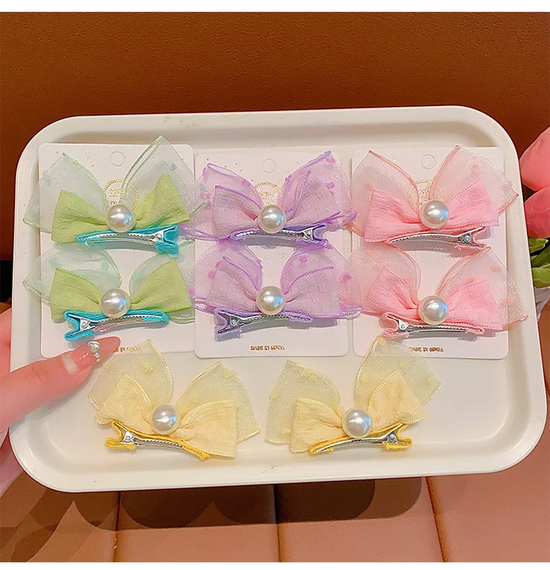 Pinzas para el cabello con lazo de perlas para niños, diseño frontal