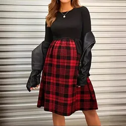 Vestido de lactancia a cuadros con manga larga y cuello redondo