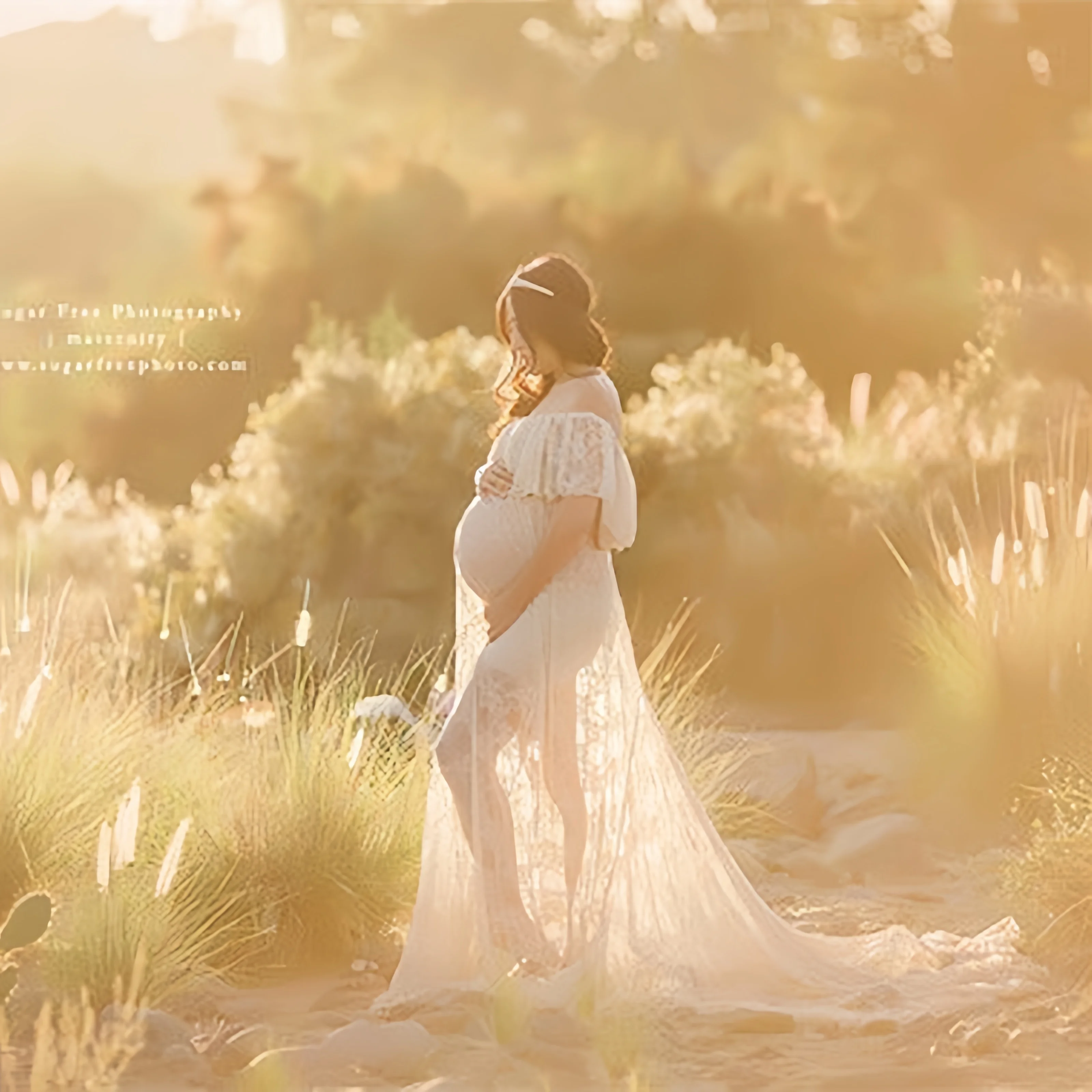 Vestido de maternity con tren fluido en diseño de encaje