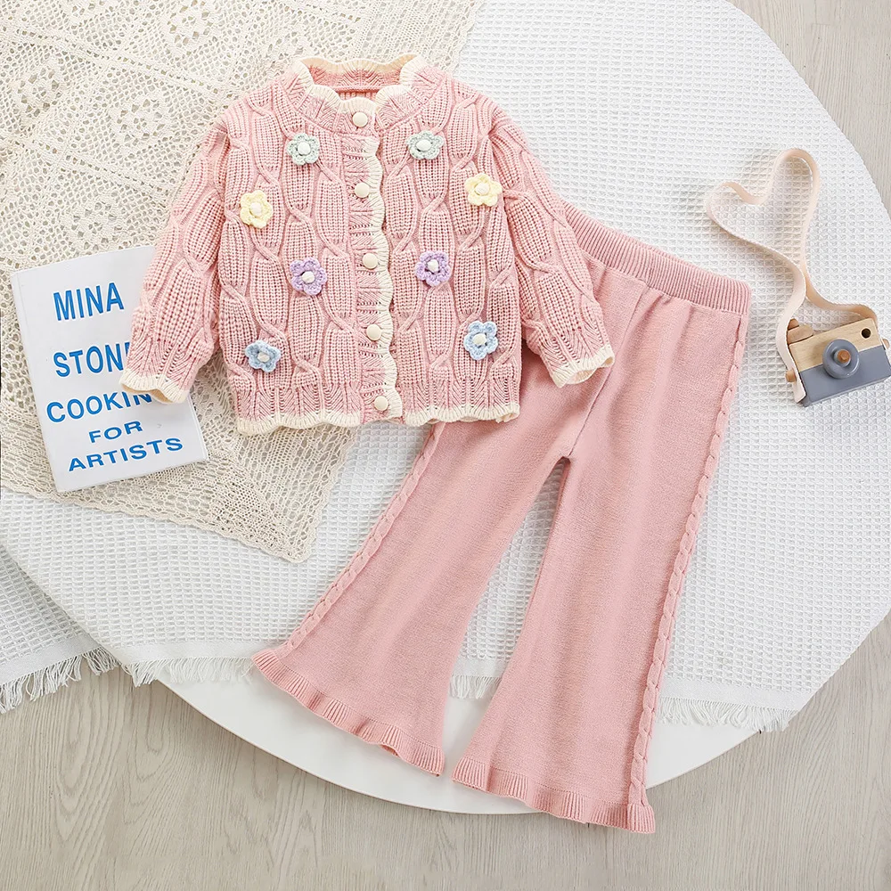 Conjunto niña tejido otoñal manga larga suéter suave y pantalón