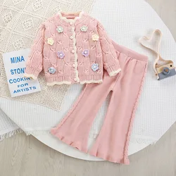 Conjunto niña tejido otoñal manga larga suéter suave y pantalón
