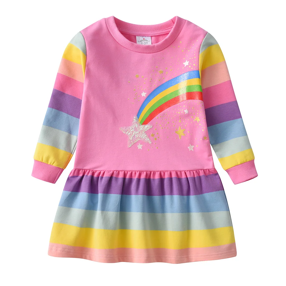 DXTON vestido de niña a rayas arcoíris manga larga algodón