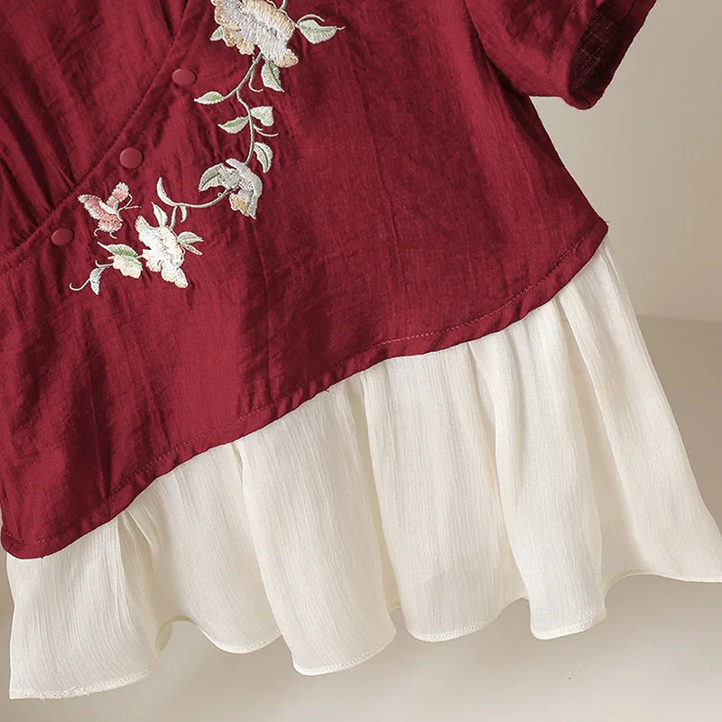Vestido de verano para niña estilo chino rojo con bordado floral - imagen 2