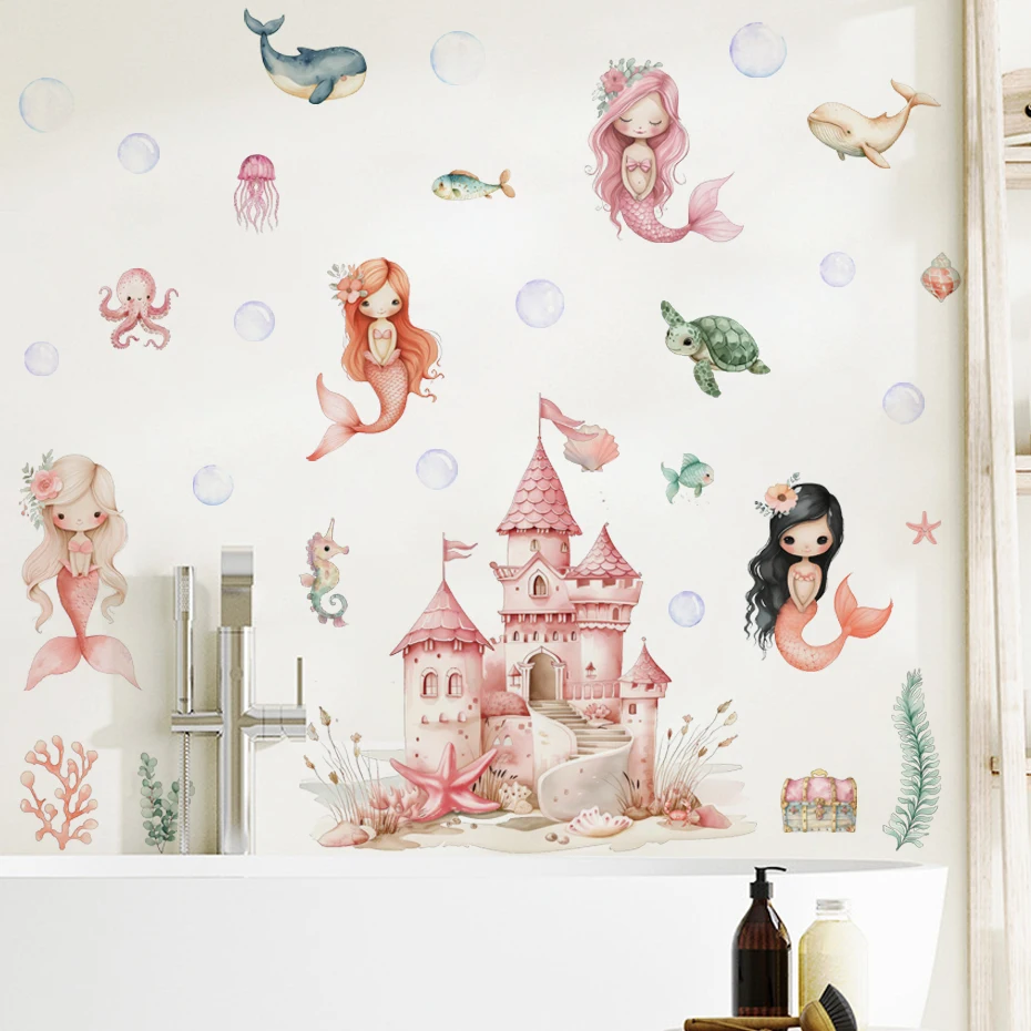 Adhesivo de pared sirena para habitación infantil y baño rosa - imagen 3