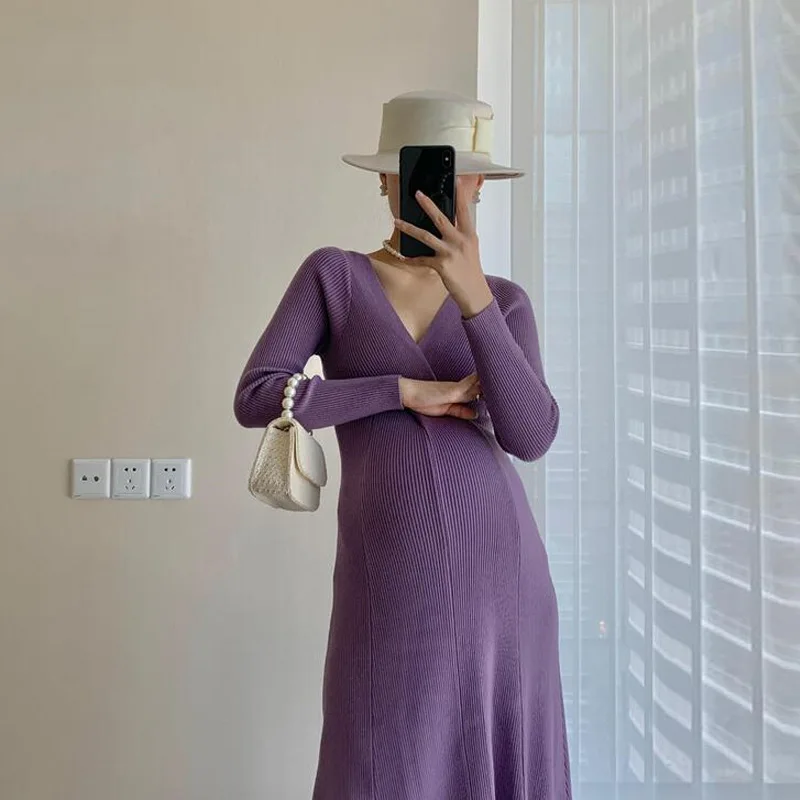 Vestido premamá de punto con cuello en V para otoño e invierno - imagen 5