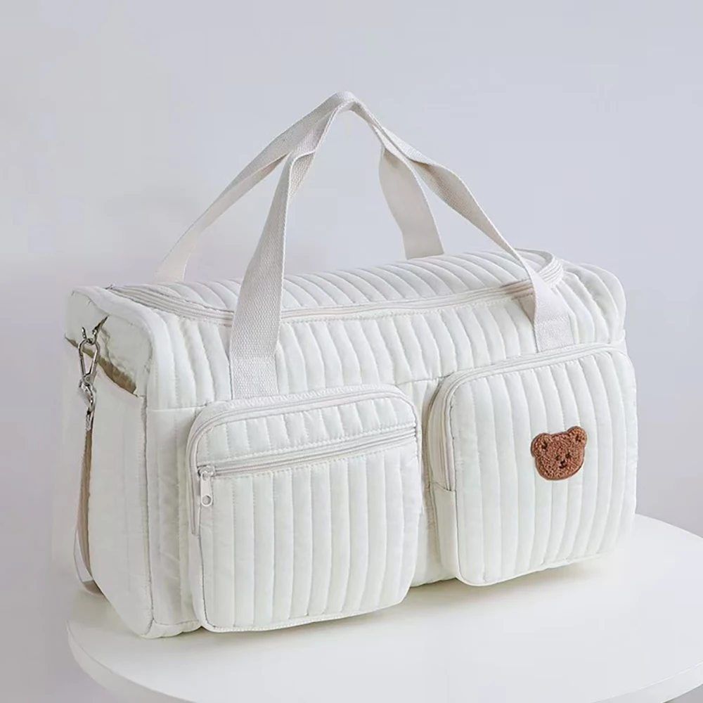 Bolsa de pañales rayada con ventana transparente y parche oso - imagen 4