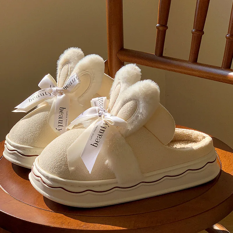 Pantuflas de felpa con lazo para niña – Suela gruesa y cálida - imagen 5