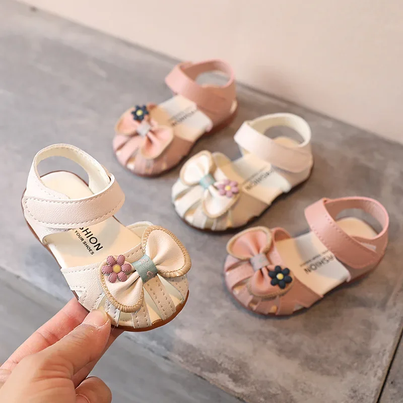 Sandalias verano con lazo para niña - Beige y rosa