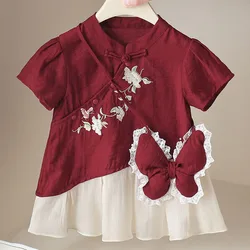 Vestido de verano para niña estilo chino rojo con bordado floral