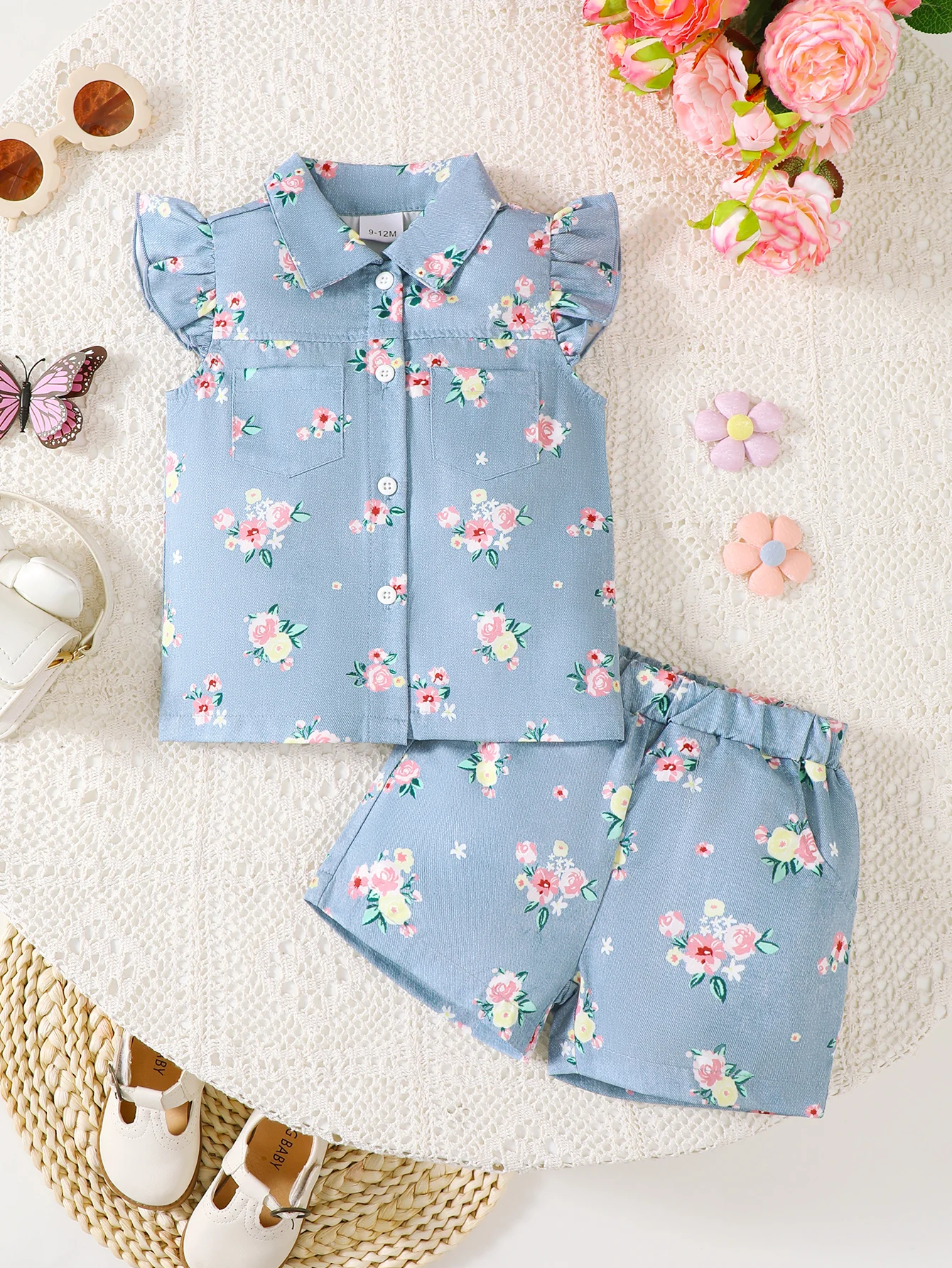 Conjunto niña floral: camisa con volantes y pantalón corto bebé - imagen 3