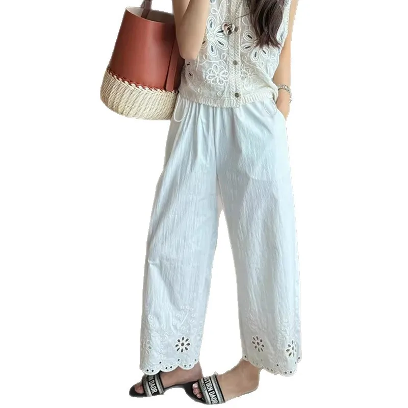 Pantalones de maternidad verano pierna recta con bordado y cordón - imagen 4