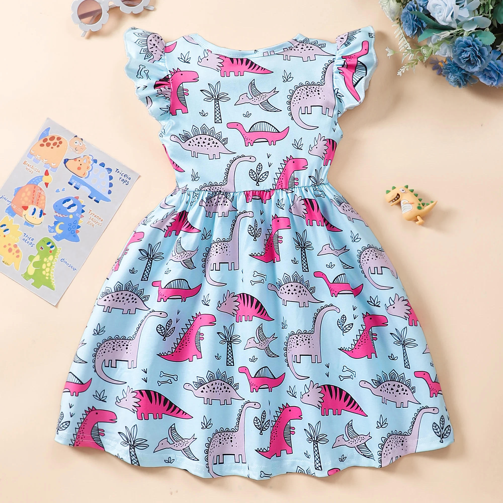 Vestido de verano para niñas manga corta con estampado dinosaurios - imagen 2