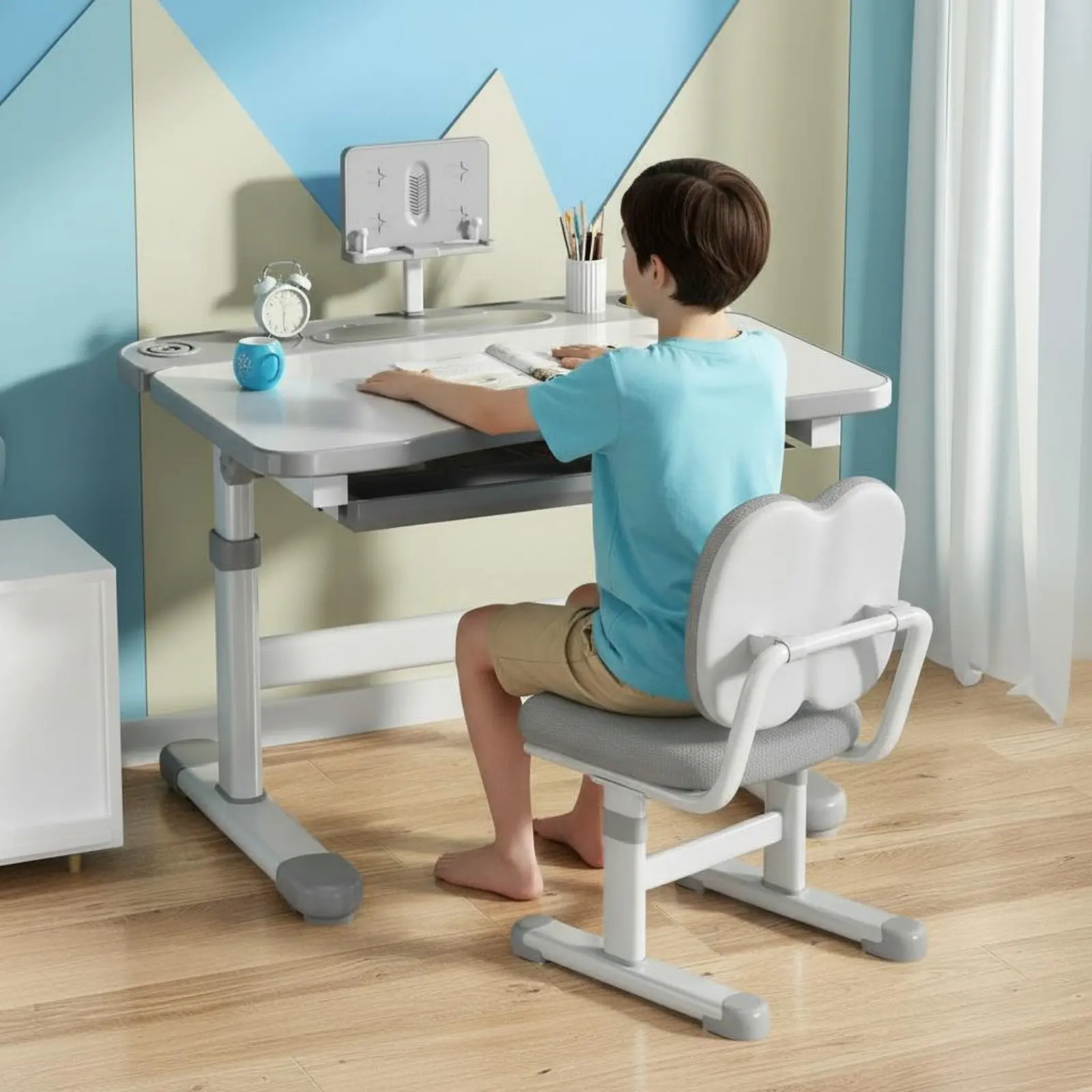 Escritorio infantil ajustable con silla ergonómica y bordes redondeados - imagen 5